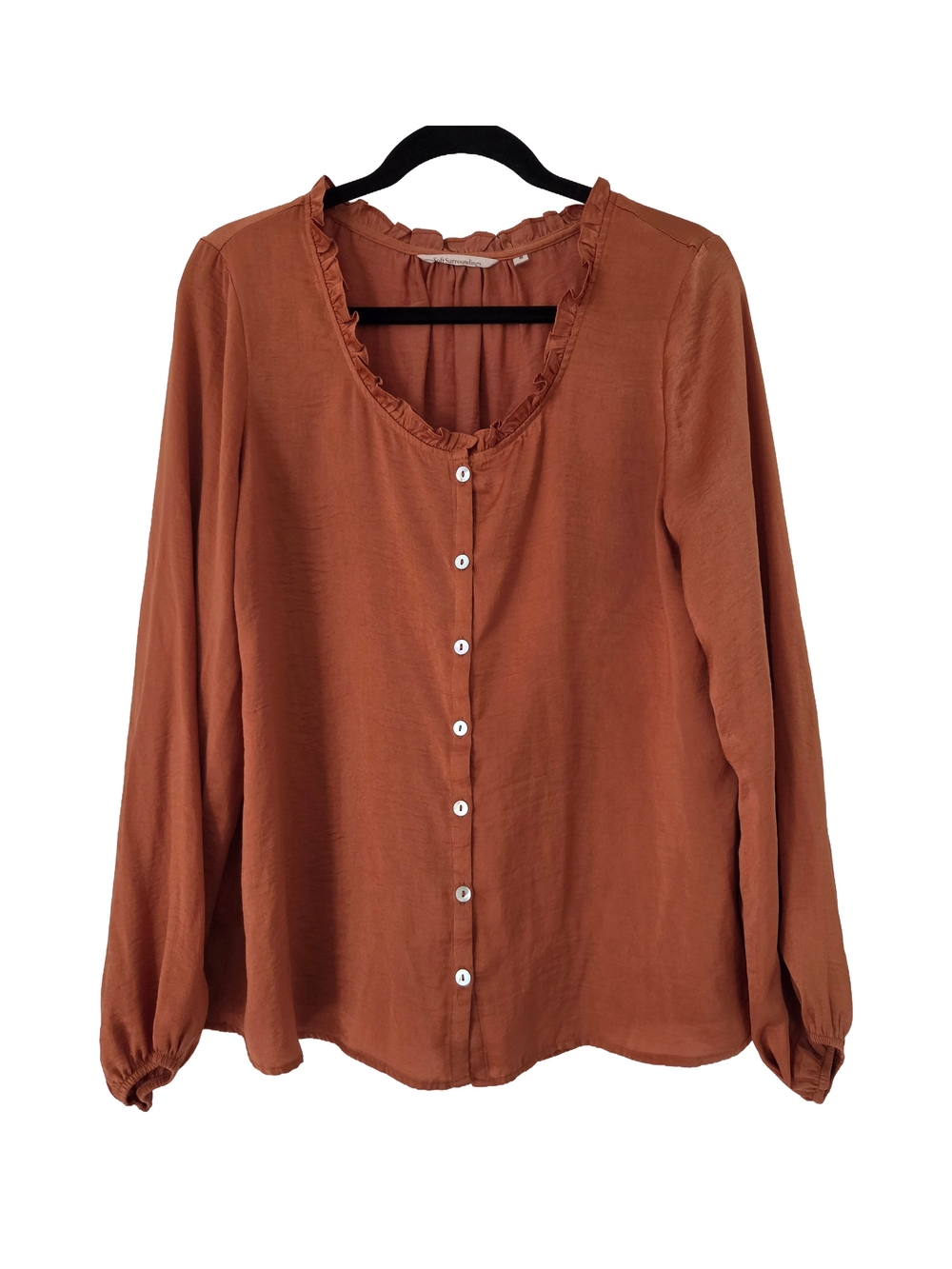 Soft Surroundings Rust Button-Down Ruffle Neck Blouse